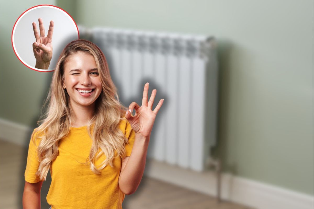 termosifoni, mano che fa 3 con le dita in icona e una donna sorridente che fa ok 