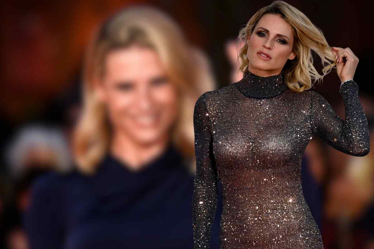 Michelle Hunziker con vestito che brilla e foto sfocata sullo sfondo