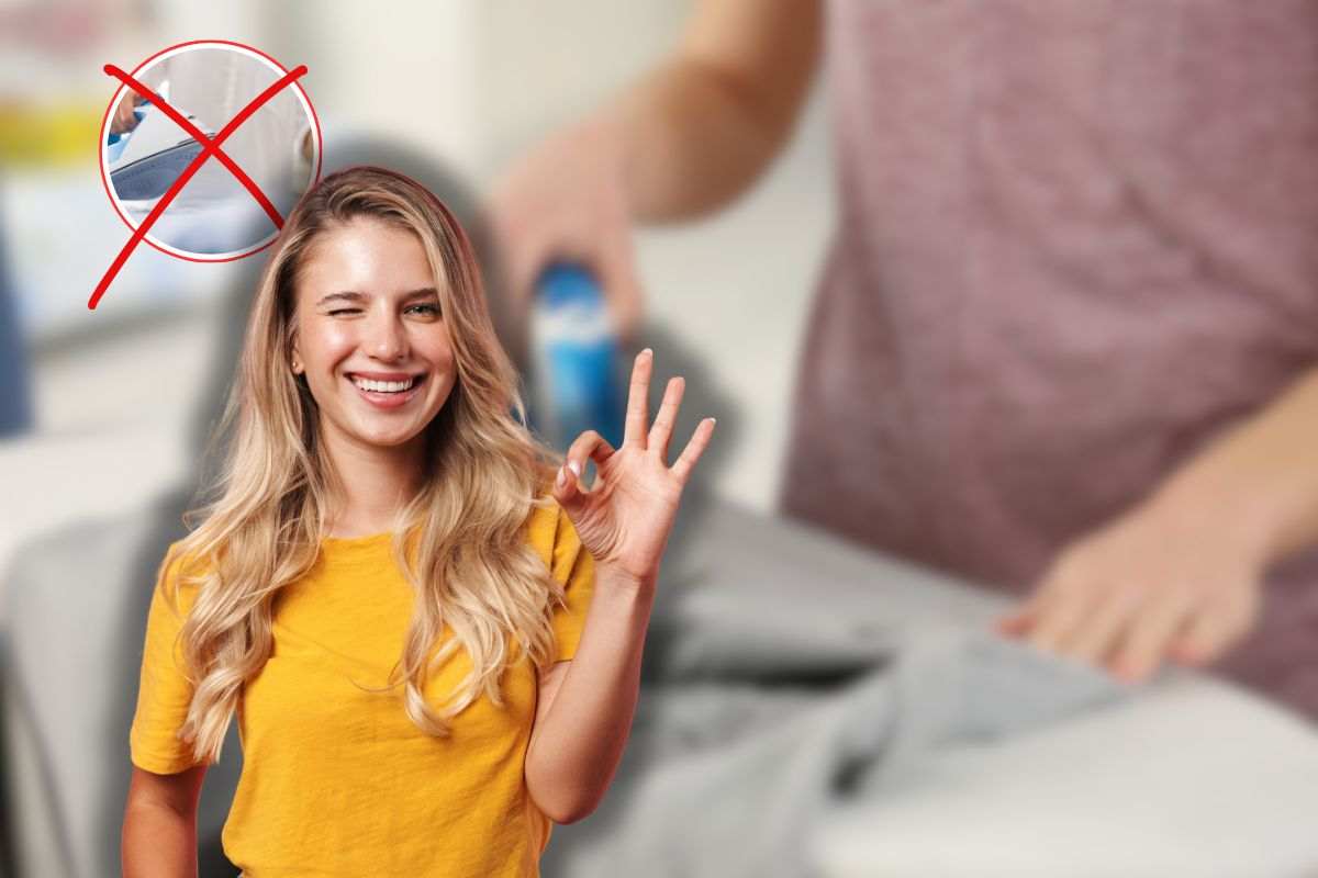 donna che stira, x rossa su ferro da stiro e donna che fa ok con le mani 