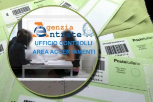 Lettere verdi dell'AdE e, in evidenza, un contribuente nell'ufficio dell'autorità fiscale