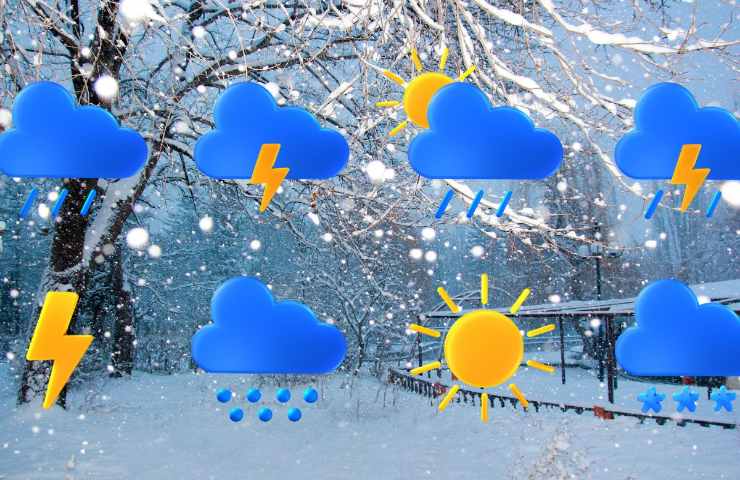 Sfondo con la neve con rappresentazioni disegnate delle varie condizioni meteo