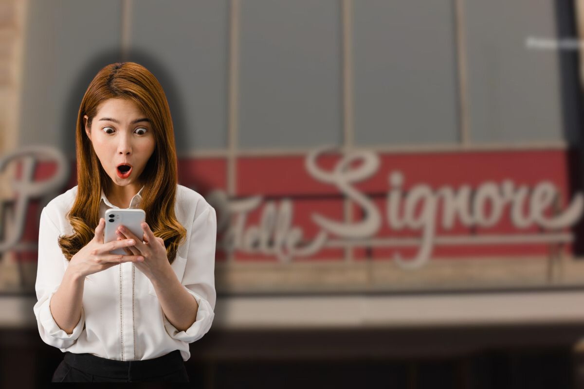 logo il paradiso delle signore e donna sconvolta con telefono in mano
