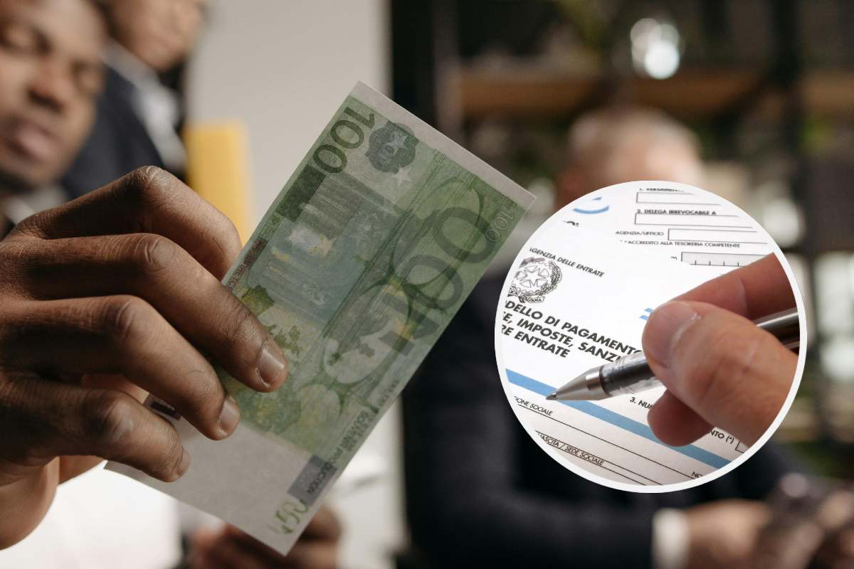 Un uomo che mostra una banconota da 100 euro e, in evidenza, un documento fiscale