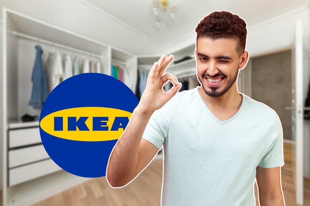 uomo in primo piano, logo IKEA e guardaroba come sfondo