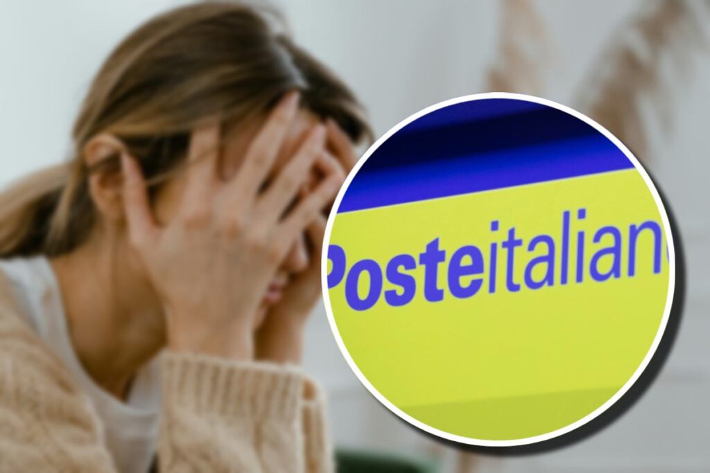 Una ragazza con le mani sul volto e, in evidenza, il logo di Poste Italiane