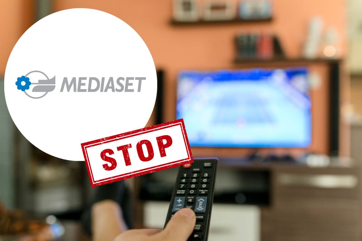 Logo Mediaset, scritta Stop e televisione