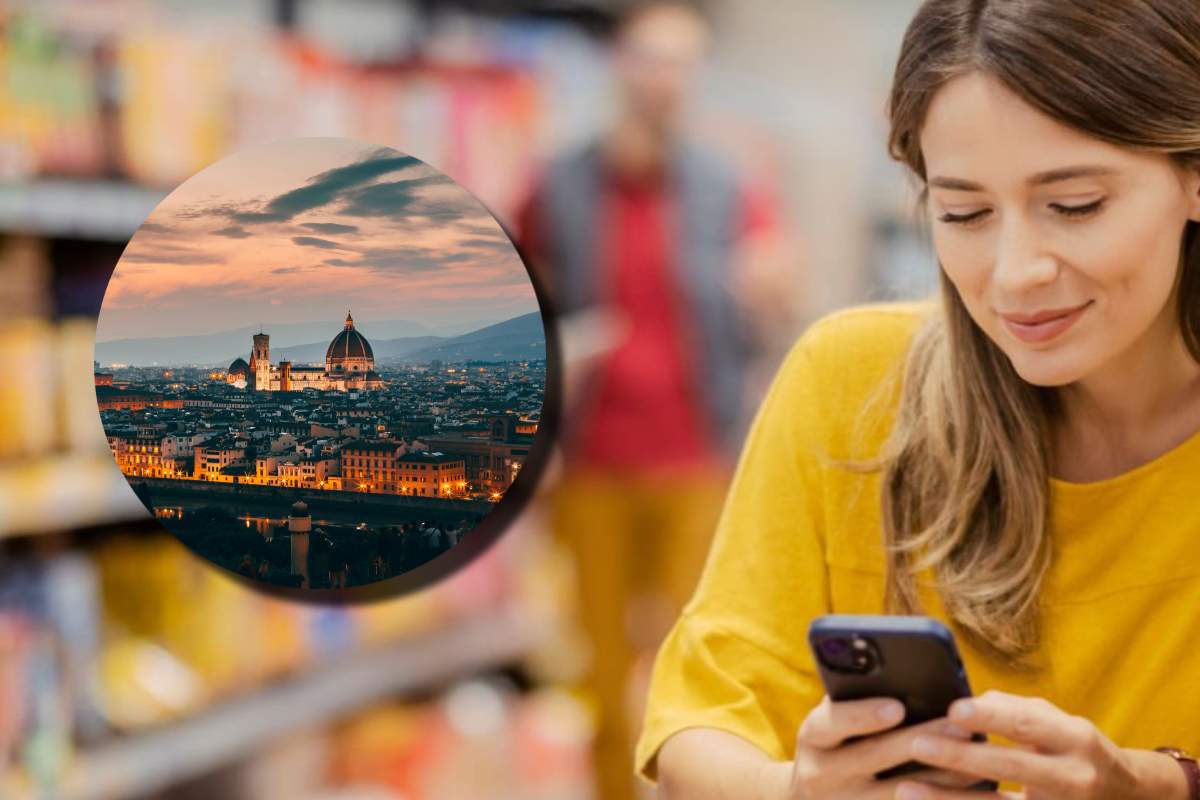 Una ragazza che fa la spesa e, in evidenza, una veduta della città di Firenze